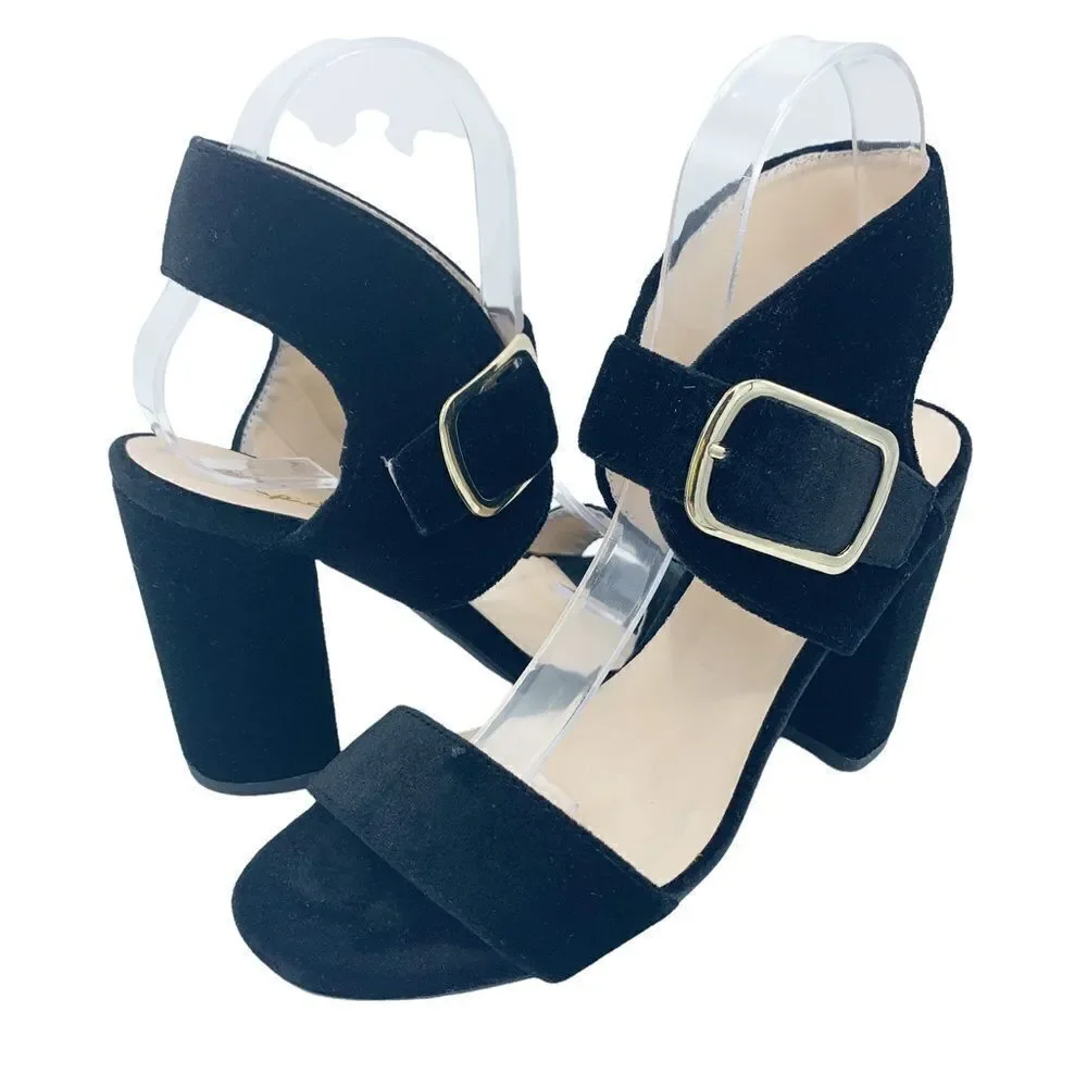 Qupid Women’s Velvet Wide Strap Chunky Heel Sandals in Black Sz 7